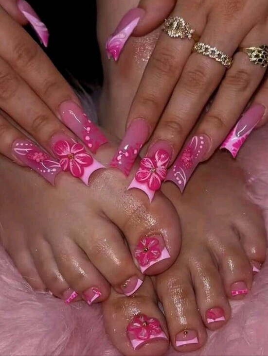 Press-On Nails Other - 2/$25 Pink Floral French Tip Matching Finger And Toe Nail Designs